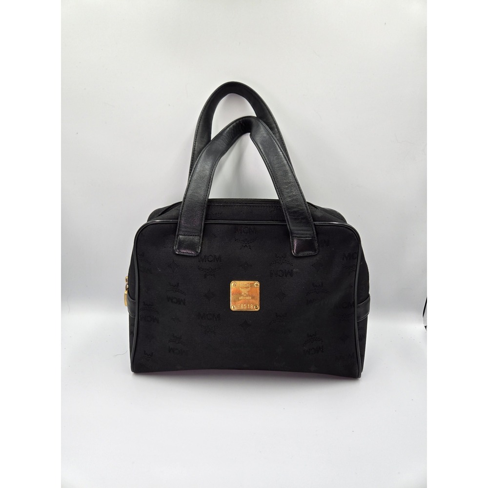 MCM Satchel Handbag Top Handle Designer Logo Print Black Small
